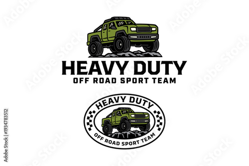 Heavy duty off road truck modern logo design for sport team. lifted 4x4 pickup badge logo design for off road club. All terrain truck illustration element design for off road competition