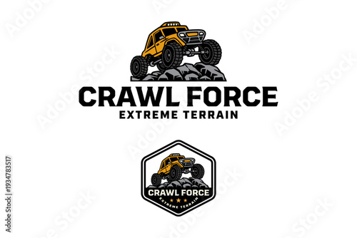 Rock crawler truck modern logo design for extreme off road team. Off road buggy badge logo design for 4x4 club. Extreme terrain crawler illustration element design for adventure racing team