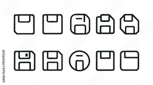 Save and disk icon set. retro technology archive line icons collection
