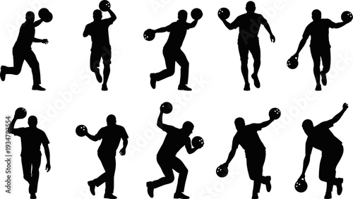 Bowling Player Silhouette Set with Ball in Action Poses, Sports and Hobby Flat Illustration