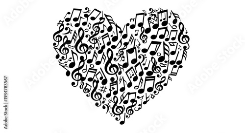 A heart-shaped vector graphic composed of various musical notes and symbols on a white background