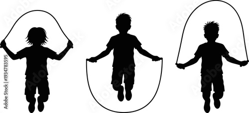 Children Skipping Rope and Jumping Silhouette Set, Active Kids Playful Flat Illustration