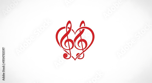 A red heart shaped music notes vector graphic on a white background