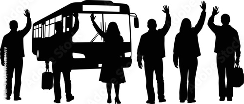 Commuters Waving Goodbye to Bus Silhouette Set, Public Transport Travel Flat Illustration