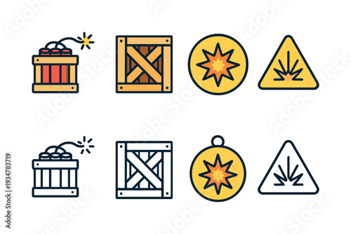 Explosive materials outline icon set. hazard, safety, danger outline icons collection