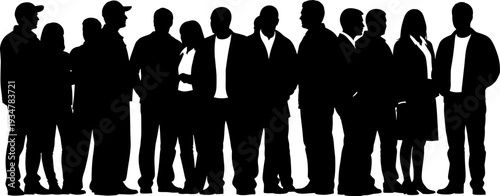 Diverse Group of People Silhouette, Crowd of Men and Women Standing, Casual Flat Vector Illustration