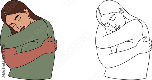 Flat Illustration of Woman Hugging Herself for Self Love and Mental Health Awareness