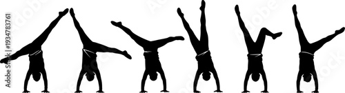 Gymnast Silhouette Set Performing Handstands and Acrobatics, Sporty Flat Vector Illustration