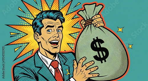 A cartoon man in a suit excitedly holding a money bag with a dollar sign on it.