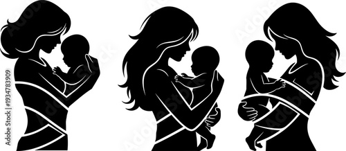 Mother and Baby Silhouette Collection for Parenting and Motherhood, Professional Flat Illustration