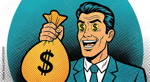 A cartoon man in a business suit holding a money bag with a dollar sign on it, symbolizing wealth and finance.