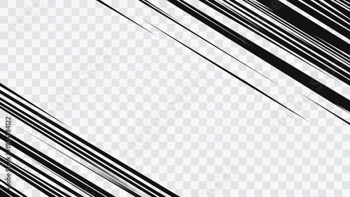 Abstract diagonal speed lines isolated on transparent background. Dynamic black motion streaks for comic, manga, action scene and modern graphic design.