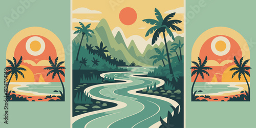 Jungle Wall Art Print, vintage-inspired river scene featuring turquoise water, tall palms, and dense tropical greenery