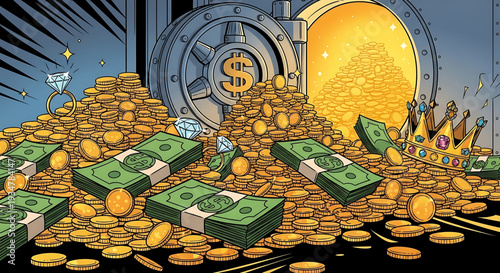 A cartoon illustration of a vault overflowing with gold coins, cash, and precious jewels, symbolizing wealth and riches.
