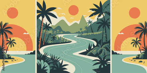 Tropical River Poster, winding turquoise river with black palm trees and lush green foliage retro travel wall art print