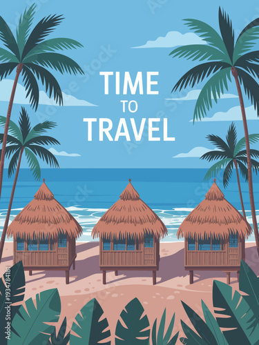 Island Wall Art Print, vintage-inspired tropical huts with thatched roofs, turquoise windows, and lush palm scenery