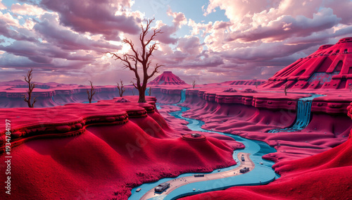 Imaginative surreal landscape featuring strange architectural forms, floating spheres, and dreamlike worlds with vibrant colors