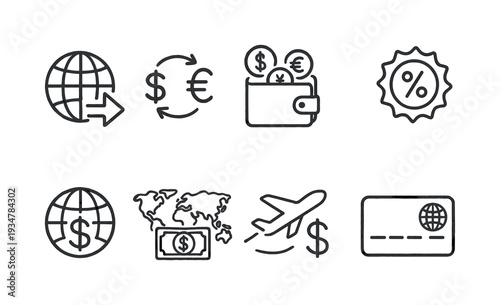 Finance and currency outline icon set. money, banking, savings icons collection