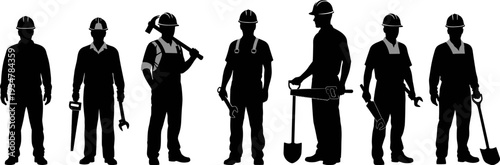Set of Construction Worker Silhouettes with Tools, Industrial Labor Flat Vector Illustration