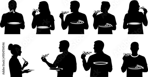 Set of People Eating Pizza Slices Silhouette, Hungry Men and Women Poses, Flat Vector Illustration