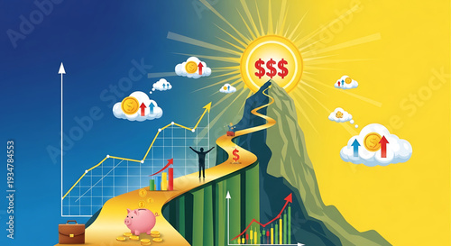 A vibrant vector graphic illustration of a person achieving financial success by climbing a mountain with a growing graph and increasing profits