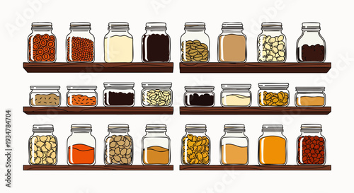 A collection of glass jars filled with various dry goods and spices, neatly arranged on wooden shelves, perfect for food and pantry themes.