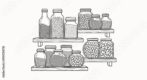 Hand-drawn illustration of various jars and bottles filled with dry goods and preserved foods on shelves.