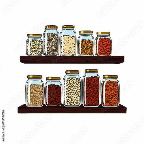 Assortment of dried beans and lentils in glass jars on wooden shelves, healthy food ingredients, kitchen pantry organization