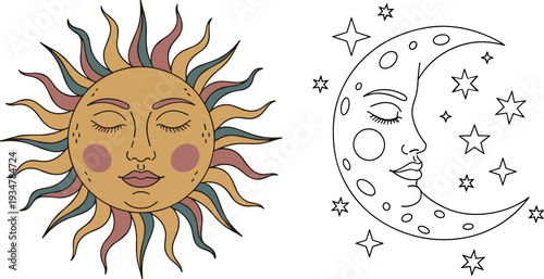 Vintage Celestial Sun and Moon with Face Flat Illustration, Esoteric Boho Astrological Art