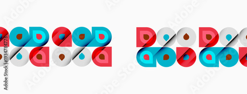 Pattern features repeating blocks. Blocks contain circles, squares, text good. Colors include red, blue, gray, yellow. Simple design.