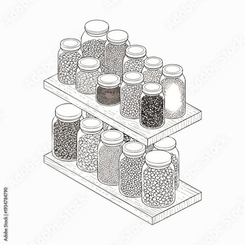 Illustration of various dried legumes and grains stored in glass jars on two wooden shelves, organized pantry.