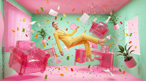 Conceptual art of a young woman in a yellow suit floating in a gravity-defying pink and green office room with translucent furniture and falling colorful gummy bears.