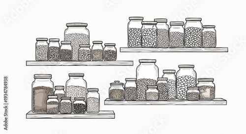 Hand-drawn illustration of various glass jars filled with grains, legumes, and seeds, neatly arranged on shelves.