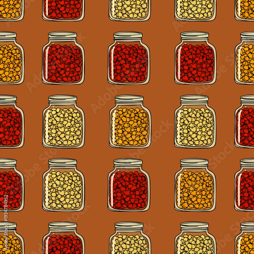 Seamless pattern of glass jars filled with colorful beans and lentils on a brown background, vector illustration