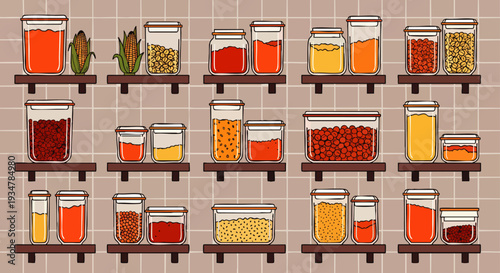 Various food ingredients and spices stored in glass jars on wooden shelves, organized pantry
