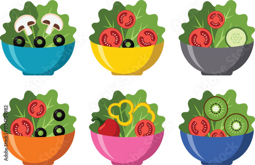 "Assorted fresh salads in colorful bowls with leafy greens, tomatoes, mushrooms, cucumbers, olives, kiwi, and bell peppers showcasing healthy eating and vibrant nutrition"