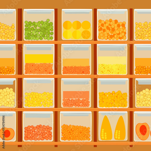 Colorful Shelves Filled With Jars of Various Grains, Legumes, and Dried Fruits, Organized Pantry Display