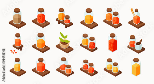 Collection of isometric glass bottles with colorful powders and liquids on wooden stands, representing ingredients or potions