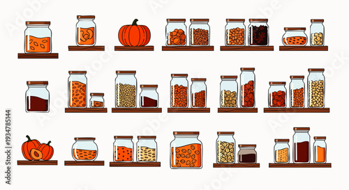 Collection of glass jars filled with colorful food ingredients and produce, neatly arranged on shelves.