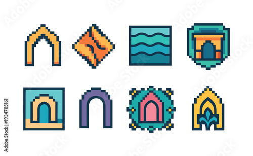 Archway, pattern filled icon set. decorative, ornamental icons collection in retro style