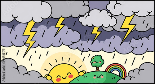 A cartoon illustration of a smiling sun peeking out from behind a hill on a stormy day with rain, lightning, and a rainbow