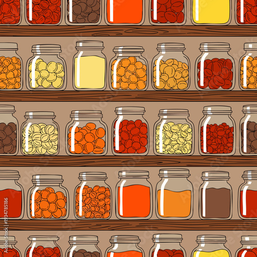 Seamless pattern of assorted colorful spices and legumes in glass jars on wooden shelves, illustration