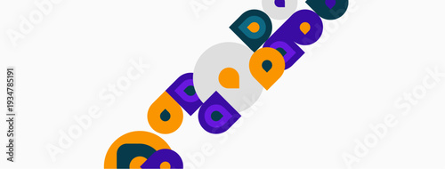 Colorful abstract shapes overlap, creating dynamic visual composition. Circles, squares, rectangles present playful design.