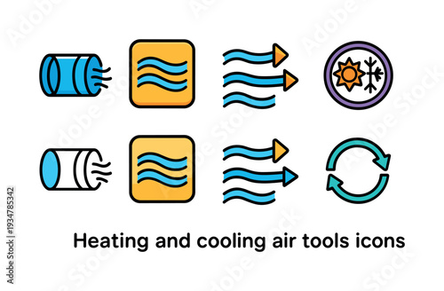 Climate control flat icon set: temperature, airflow, environment symbols collection