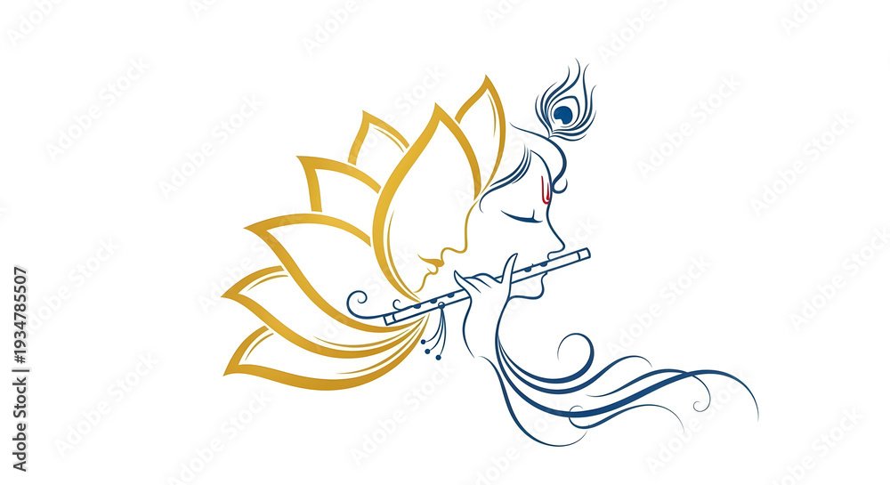 Obraz premium Serene Krishna playing flute with golden lotus flower background