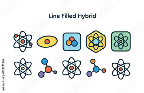 Science, atom filled icon set. chemistry, physics symbols line illustration collection