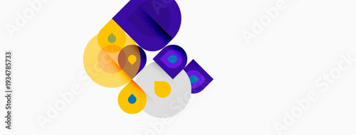 Abstract shapes, purple, yellow hues dominate composition. Overlapping circles create dynamic visual interest. Minimalist design, clean aesthetic.