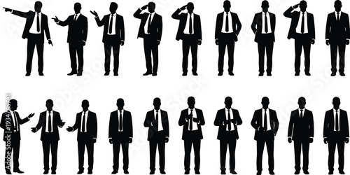 Business men silhouettes vector set, professional poses, suit illustration, corporate icons, standing, pointing, gesturing, saluting, fashion, office design collection