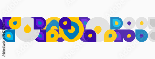 Abstract geometric shapes, circles, squares, vibrant colors. Pattern repeats horizontally, creating playful visual rhythm.