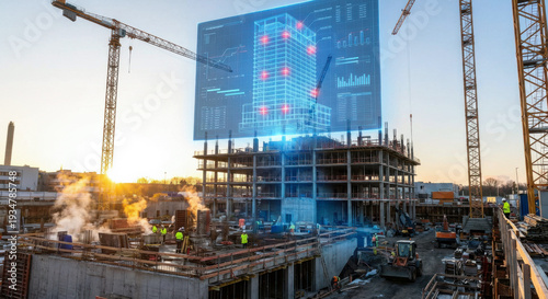 Smart construction site with glowing holographic digital twin building interface at sunset